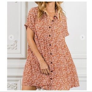 New! Boho Short-Sleeve Floral Button Down Babydoll Flowy Dress Size S Oversized